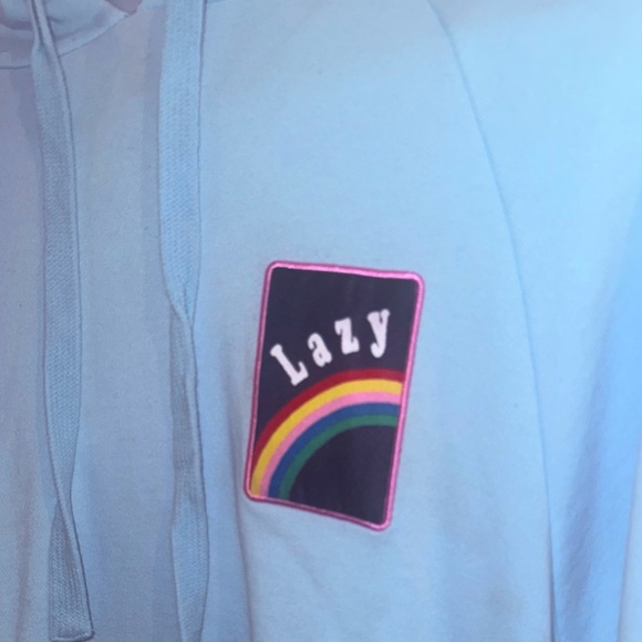Lazy Oaf OVER THE RAINBOW HOODIE DRESS pockets sky blue plush fleece NWOT - Picture 4 of 11